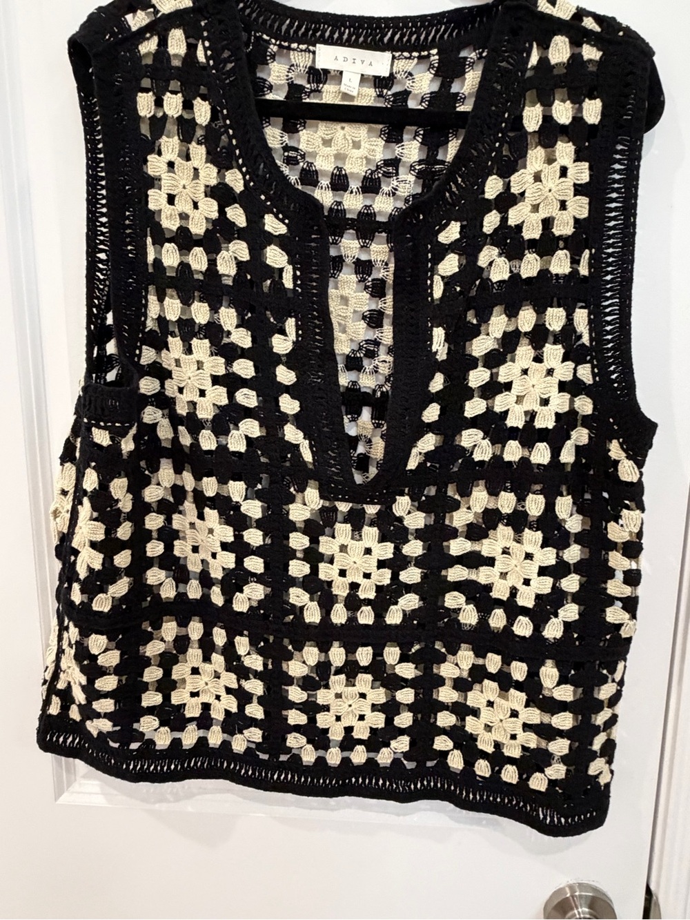Adiva Black and Cream Crochet Vest with Deep V Neck